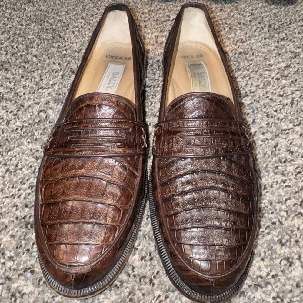 Vintage Bally Lucca AG SZ 9 Men's Genuine Caiman Leather Penny Loafers Brown